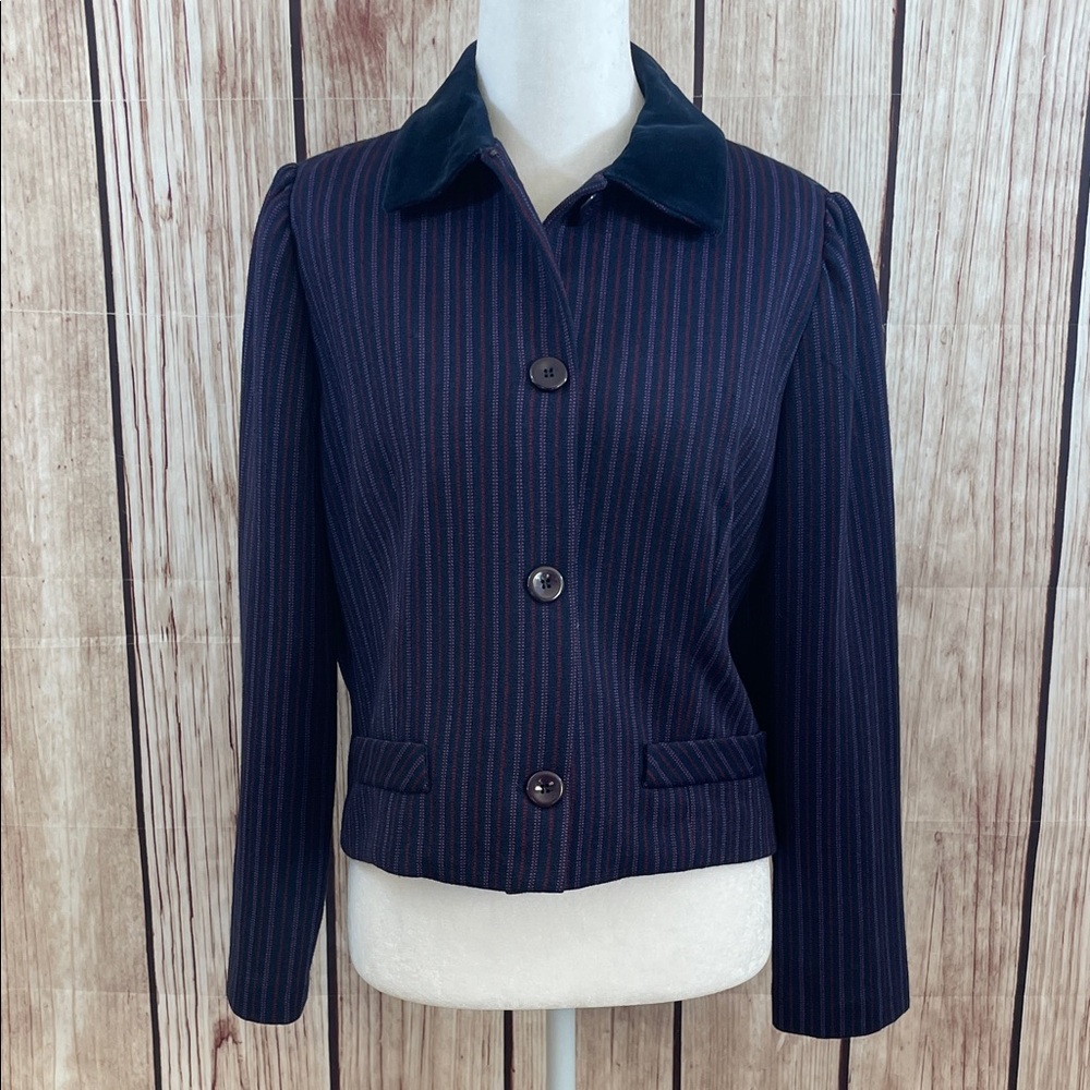 Classic Vintage Navy Burgundy White Striped Women's Blazer with Velvet Collar